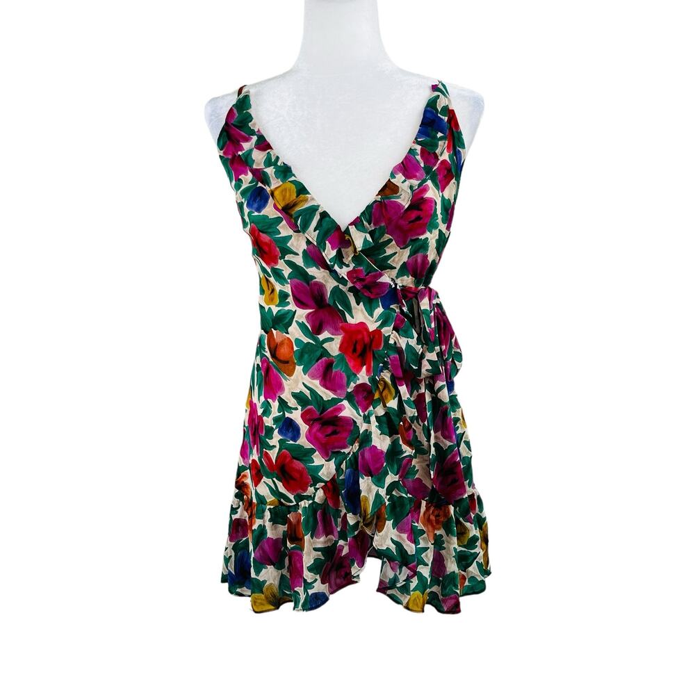 Topshop Floral Ruffle Mini Wrap Dress Green Pink Multi 4 NWT Garden Wedding